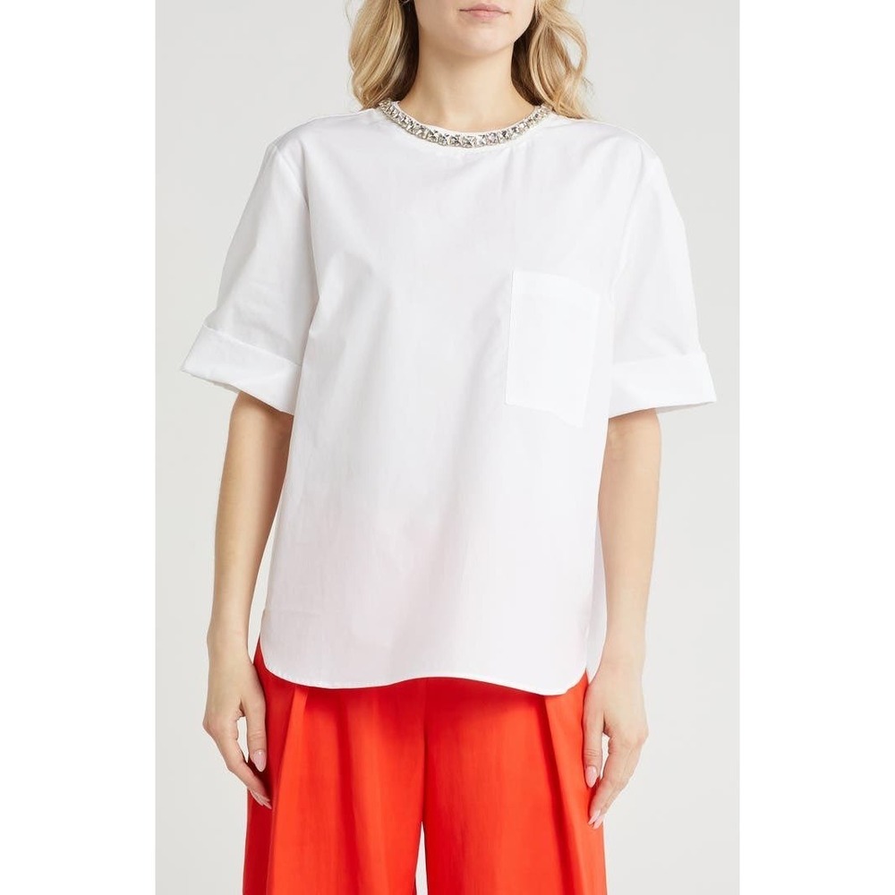 NWT TWP Oversized Tee Crystal Collar M/L White Cotton Poplin Shirt Boxy Luxury